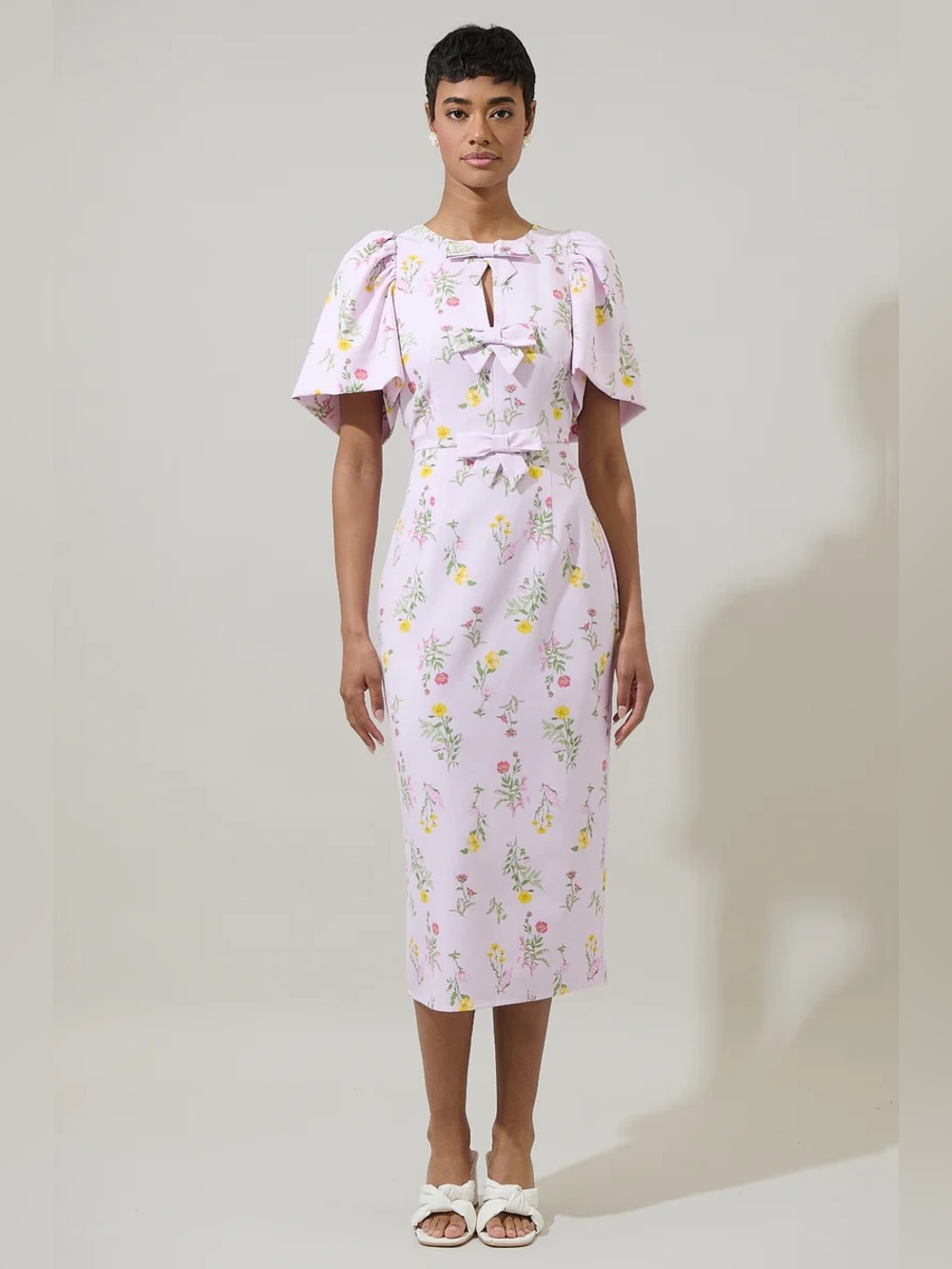 Sugarlips Margote Light Pink/Purple Floral Bow-Front Midi Dress Size Medium